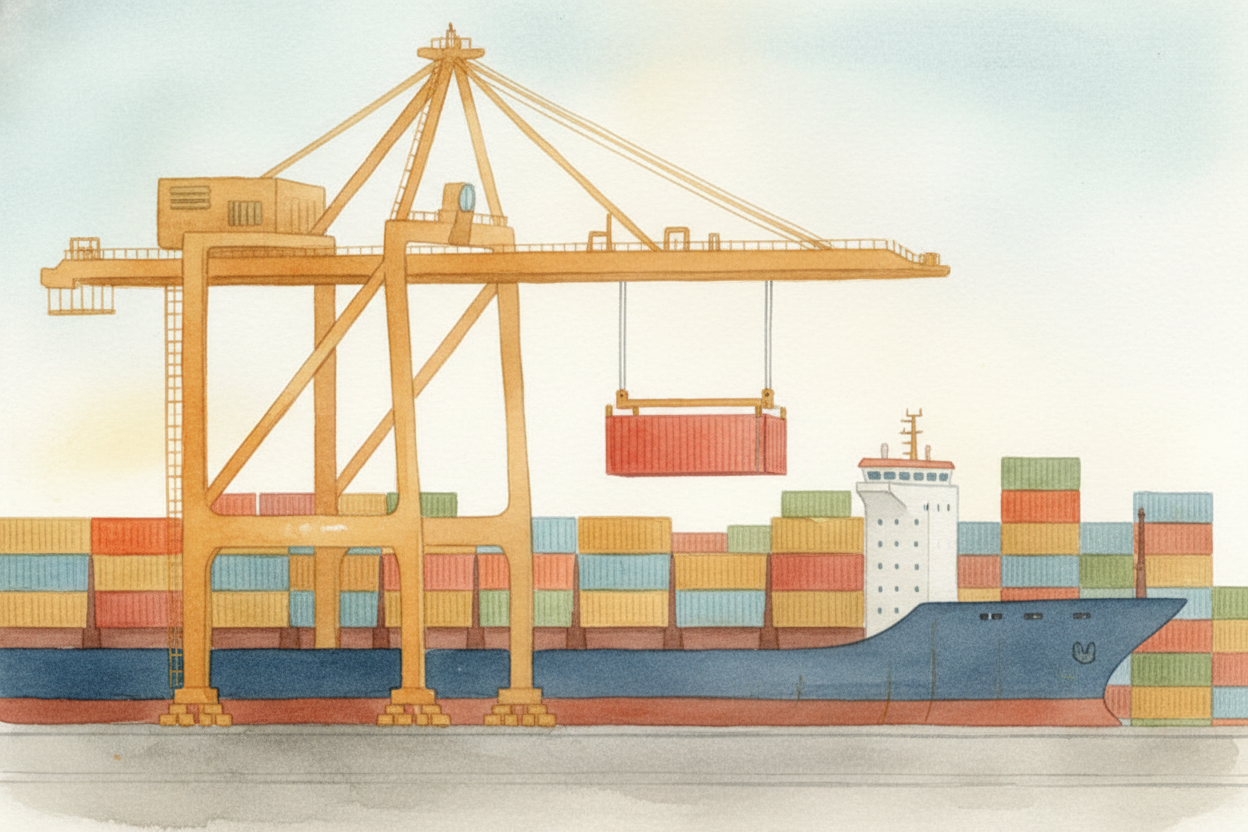The truck drives to a massive port — ~~think football fields of concrete~~, stacked with **metal containers the size of 