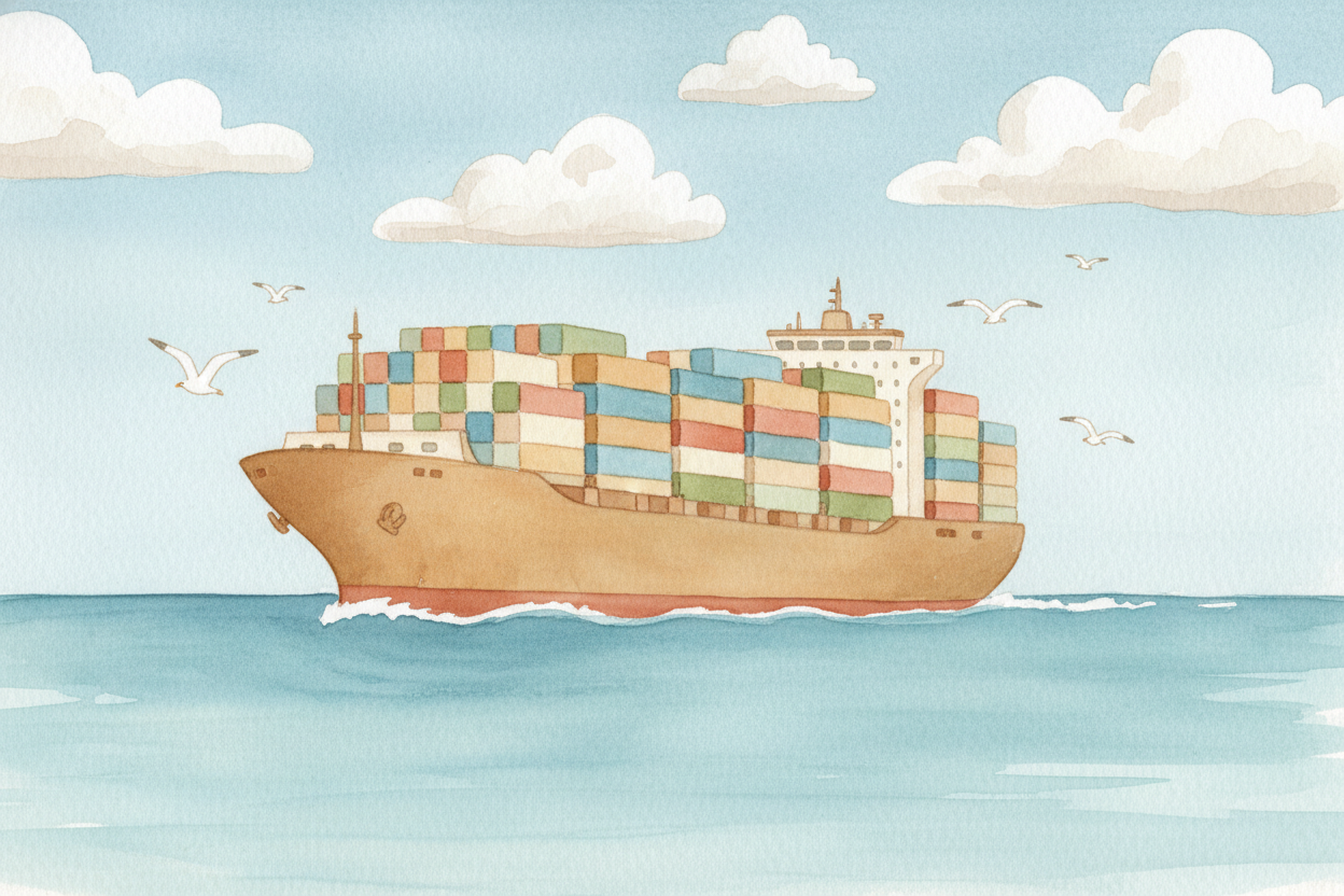 The ship sails for weeks across the ++Pacific Ocean++. Inside the containers, it's dark and the robot boxes sway gently 