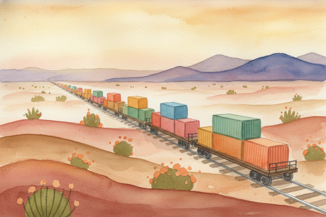 The ship arrives at a port in ++California++. Another crane unloads the containers onto waiting trucks or trains. If it'