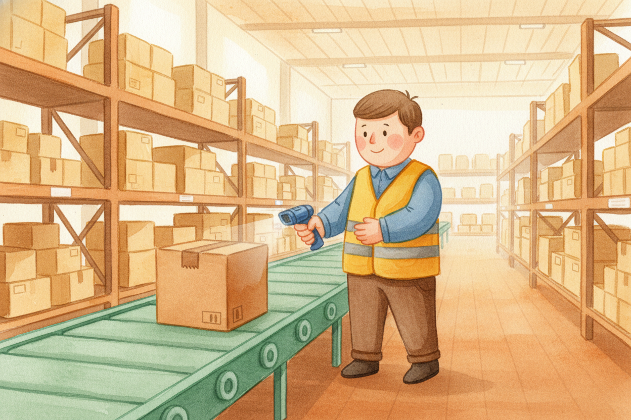 Inside the warehouse, the boxes get sorted. A worker scans the robot's barcode — ~~beep~~ — and the computer says, "This