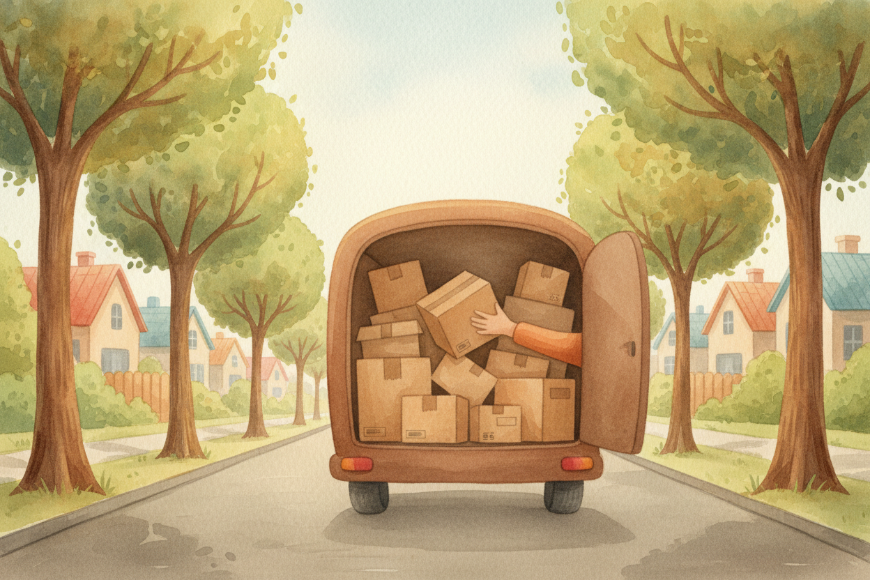 The box goes onto a delivery truck — ~~the last leg~~. The driver has a route planned by software: 150 stops today, opti