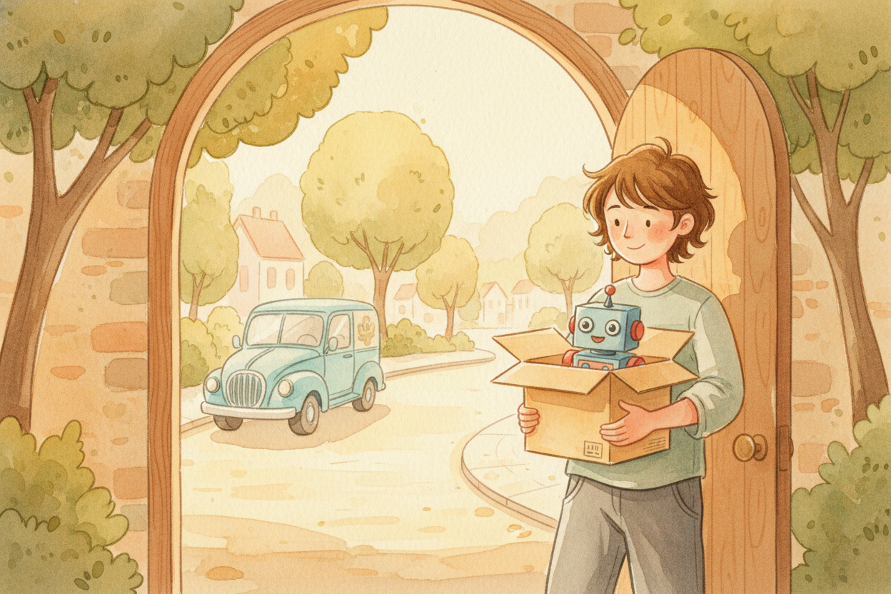 You open your door, grab the box, and ~~there it is~~. The robot doesn't know it crossed an ocean, rode a train through 
