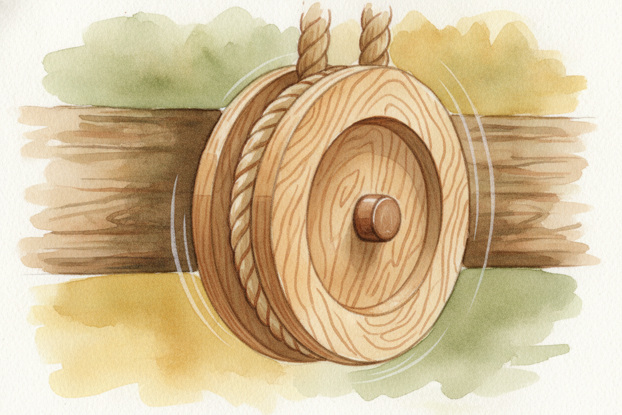 A pulley is really **just a wheel with a dip carved around its edge**, _so a rope can sit in the groove without slipping