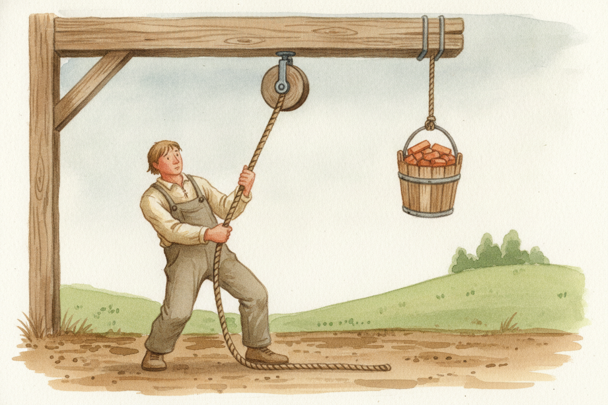 ~~Let's start with the simplest trick.~~ Hang one pulley from a beam and loop your rope over it. Now, instead of lifting