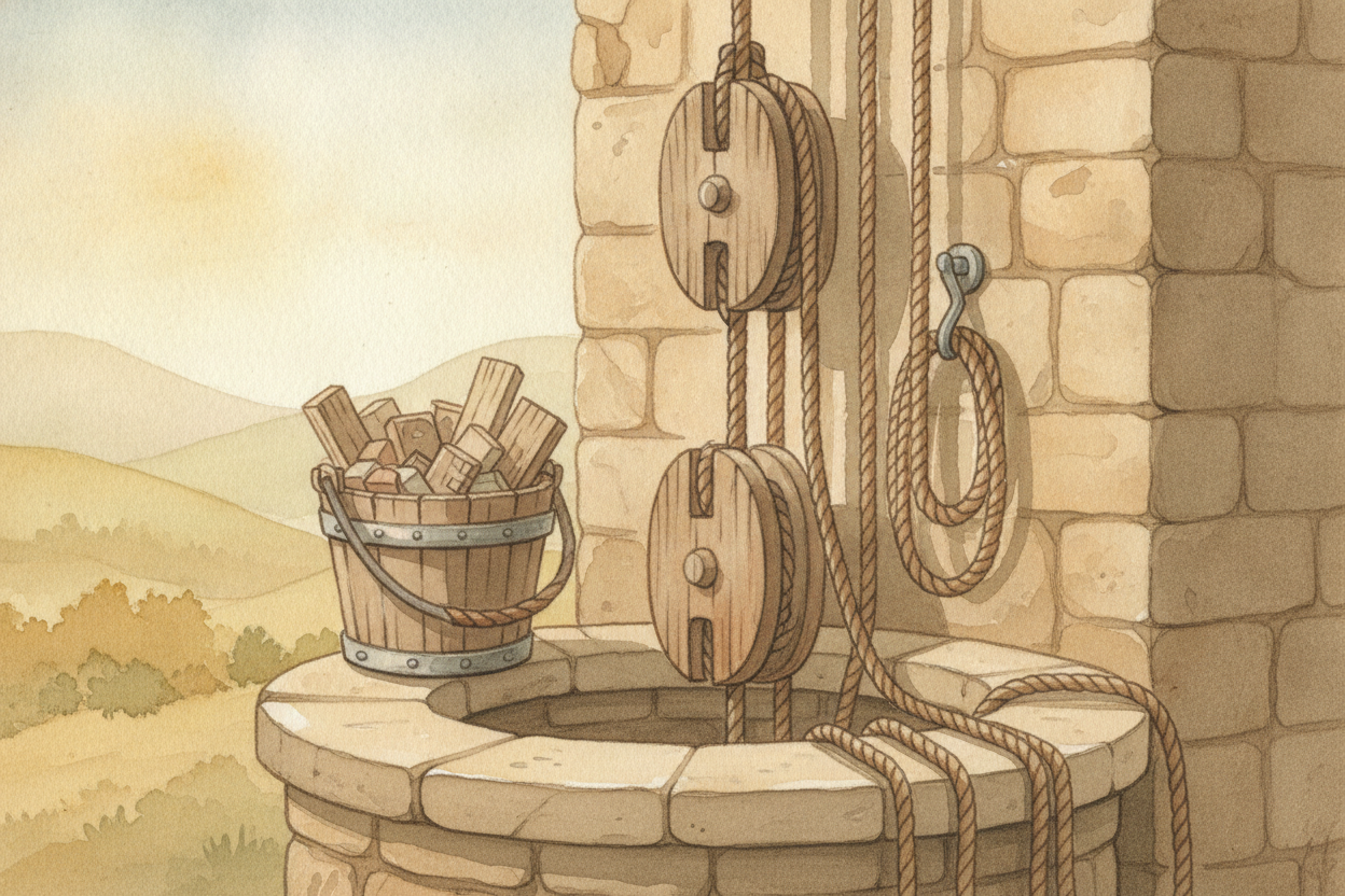 So a pulley never cheats the weight — ~~bricks stay bricks~~. What it does is **share the load** across many strands of 