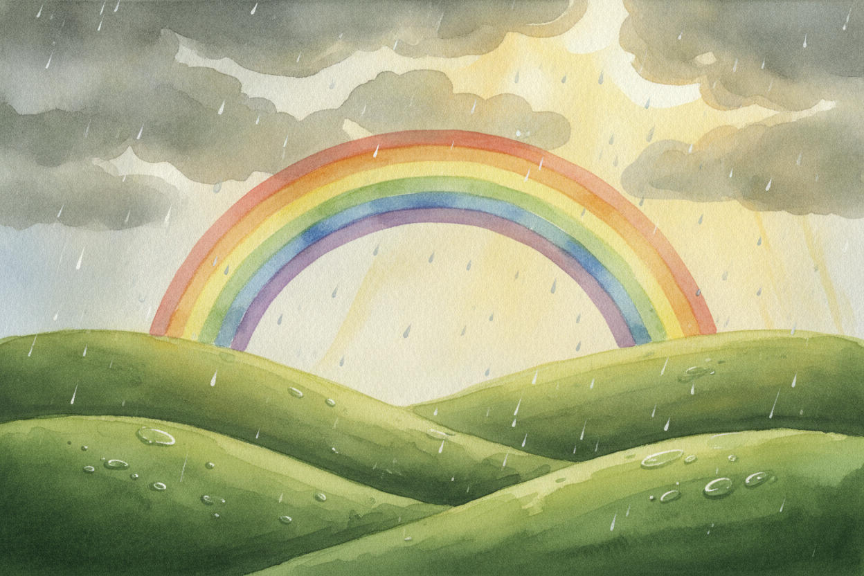 A rainbow looks like a painting someone hung across the sky after a storm. ~~But nobody painted it.~~ It's actually a **