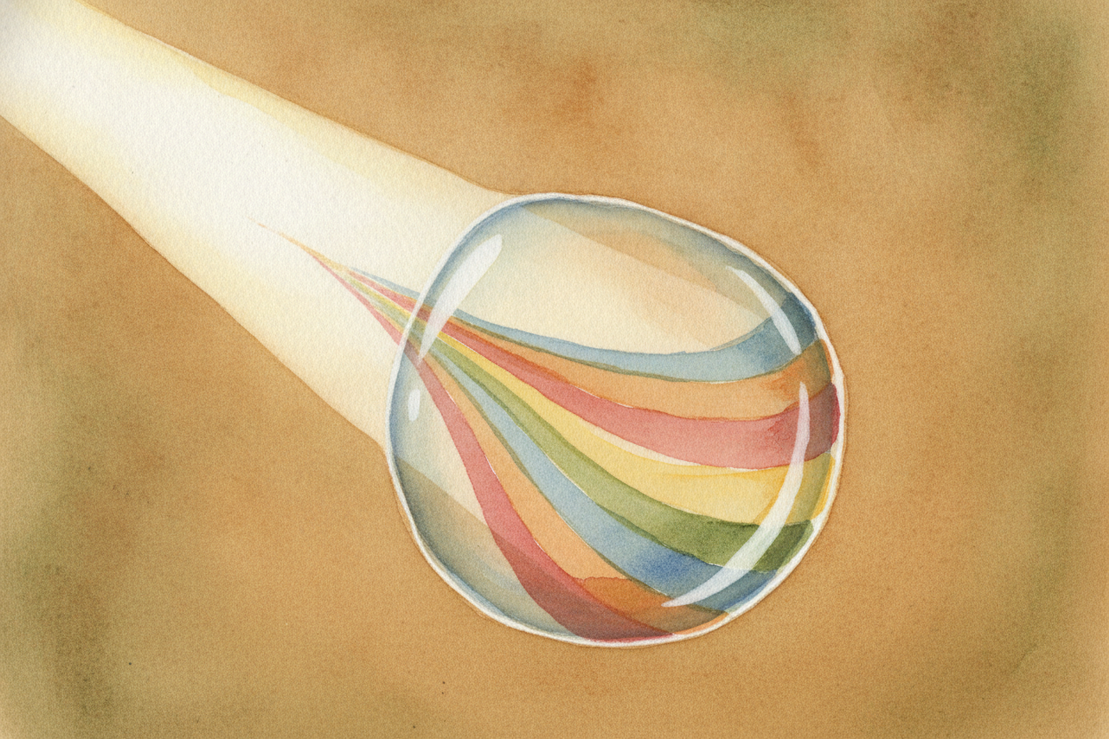 When sunlight enters a raindrop, it slows down and bends — like a runner stepping from a track onto soft sand. ~~And her