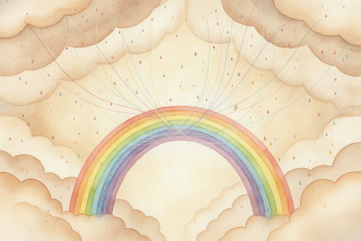 Each raindrop only sends **one thin sliver of color** to your eye. ~~Red comes from drops sitting higher in the sky; vio