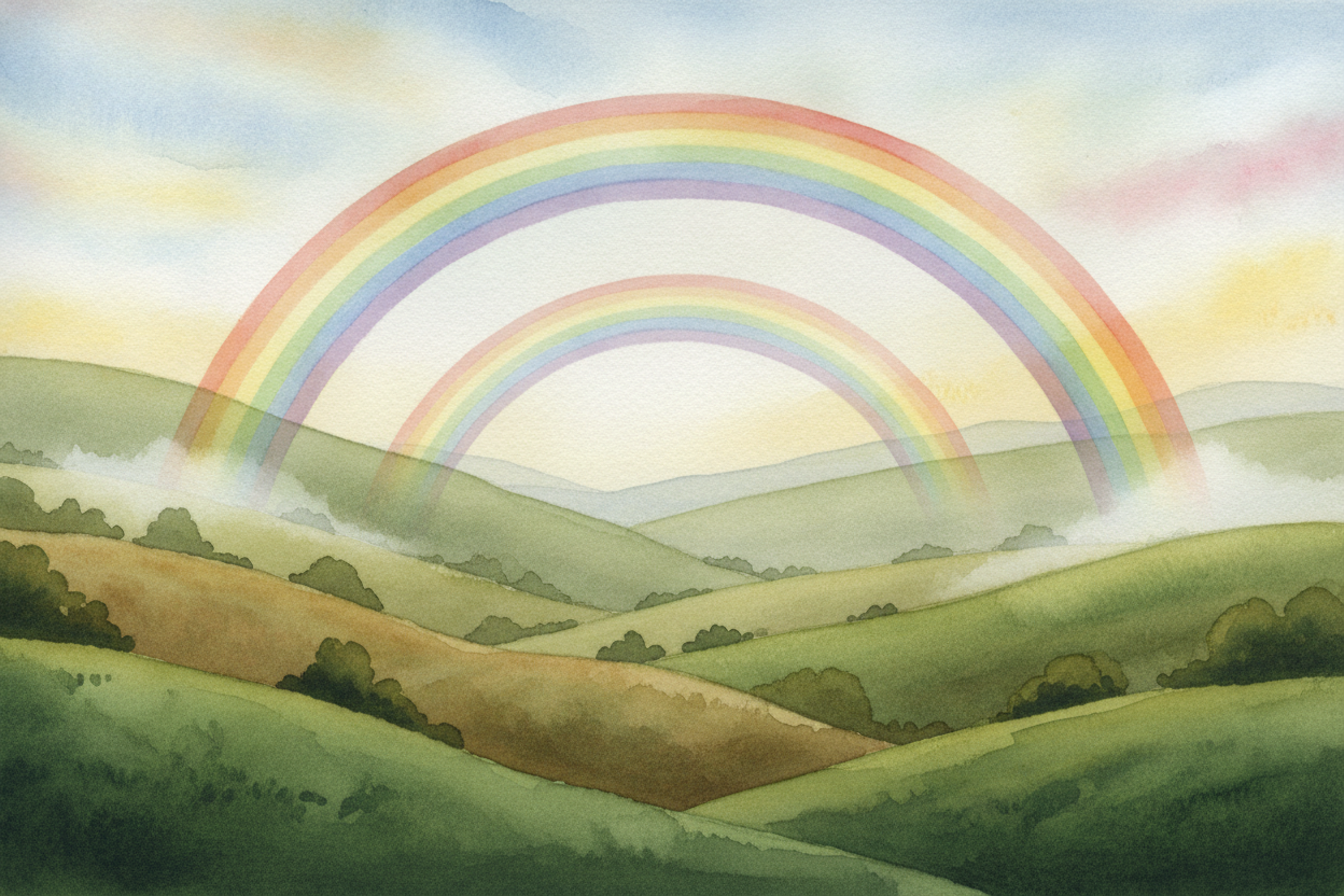 Sometimes a ~~fainter second rainbow~~ hangs above the first, with its colors flipped upside down. That one comes from l