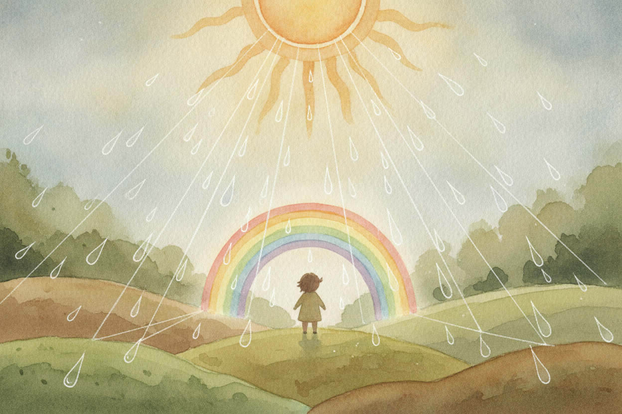 So a rainbow **isn't really a thing** hanging in the sky. It's a direction — the exact place where sunlight, raindrops, 