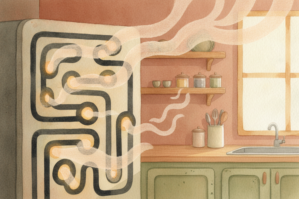 That hot, squeezed gas flows into the black pipes on the back or bottom of the fridge. Out in the open kitchen air, it c