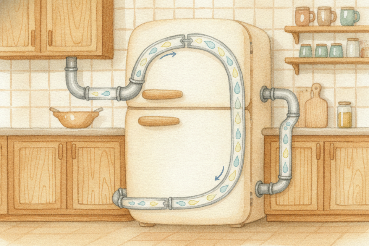 Then the cooled liquid loops right back to the cold pipes inside to grab another armful of heat. ~~Boil, squeeze, cool, 
