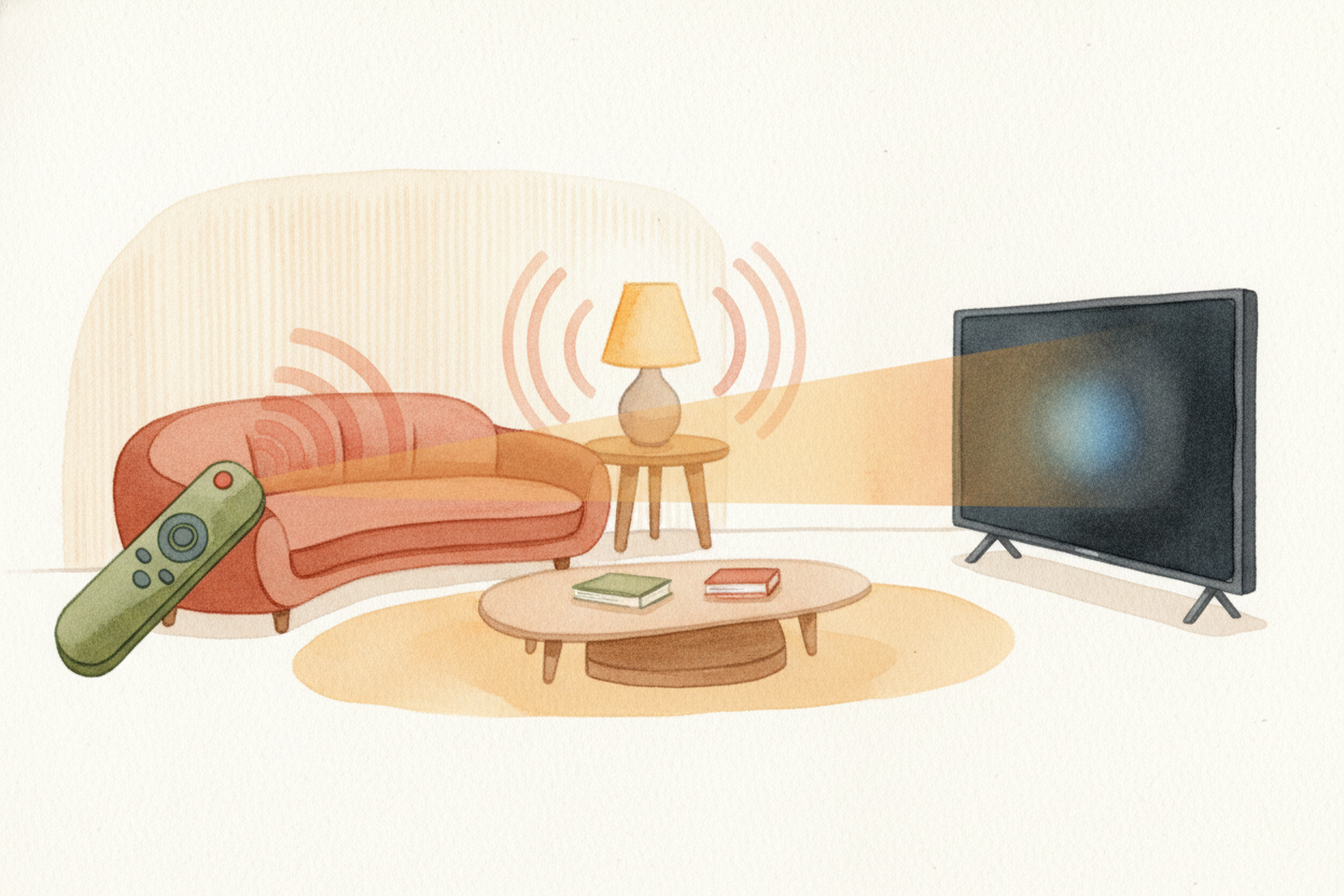 The invisible light beam shoots straight across the room at the **speed of light**. It ~~bounces off walls and furniture