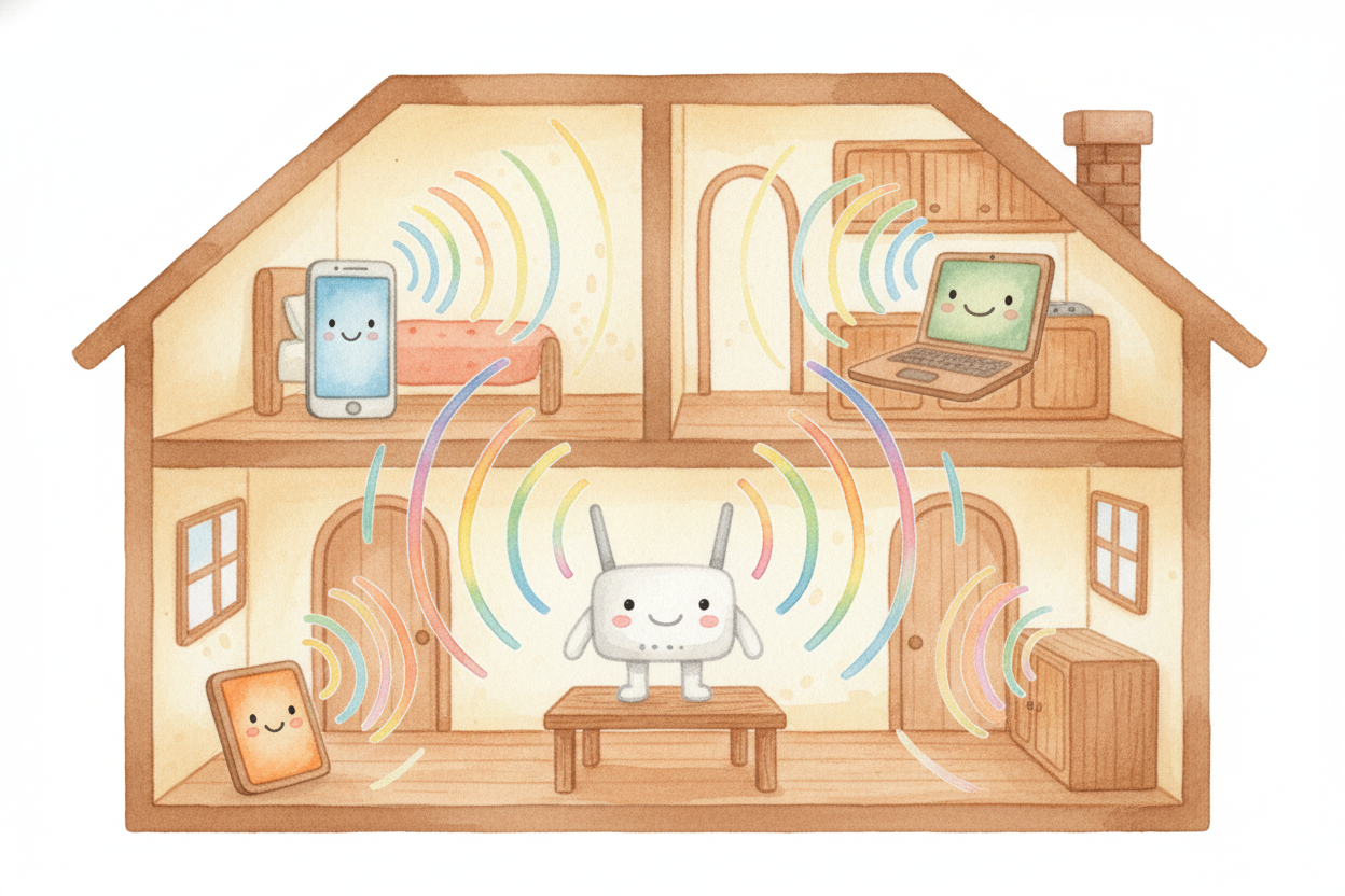 The router also does this with Wi-Fi. Instead of cables, it's ~~shouting data through the air~~ using radio waves—_the s