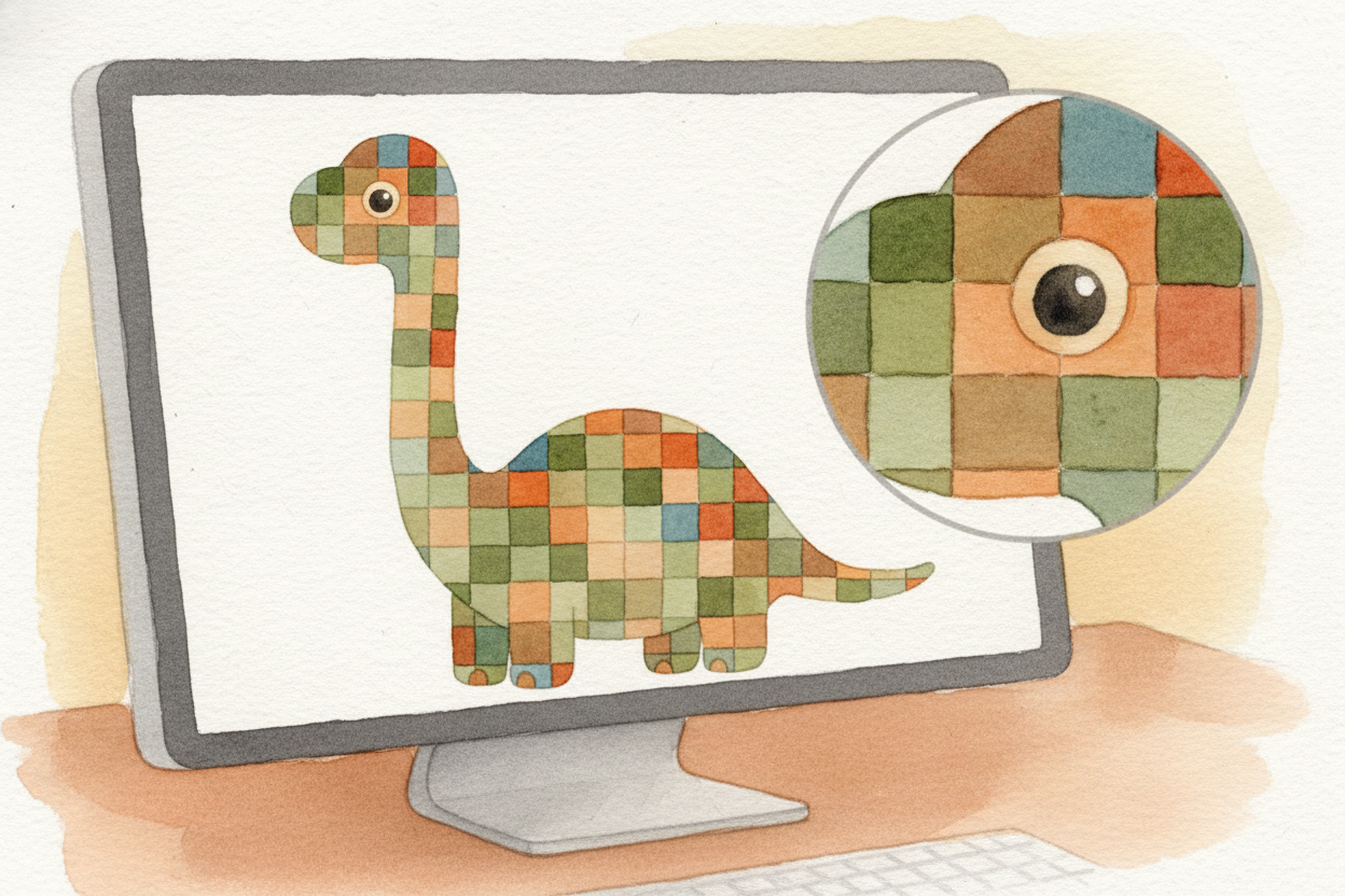 That **grid IS your picture** now — a *digital copy made of dots*, each dot storing the color and brightness the sensor 