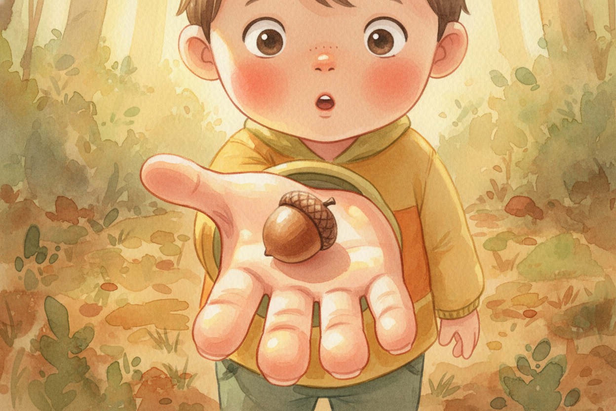 Hold an acorn in your hand. It **weighs almost nothing**. You could tuck it in your pocket and forget it's there. And ye