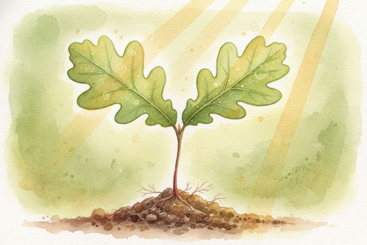 Once the shoot ~~breaks into sunlight~~, the baby tree can finally make its own food. Its first real leaves unfurl and s