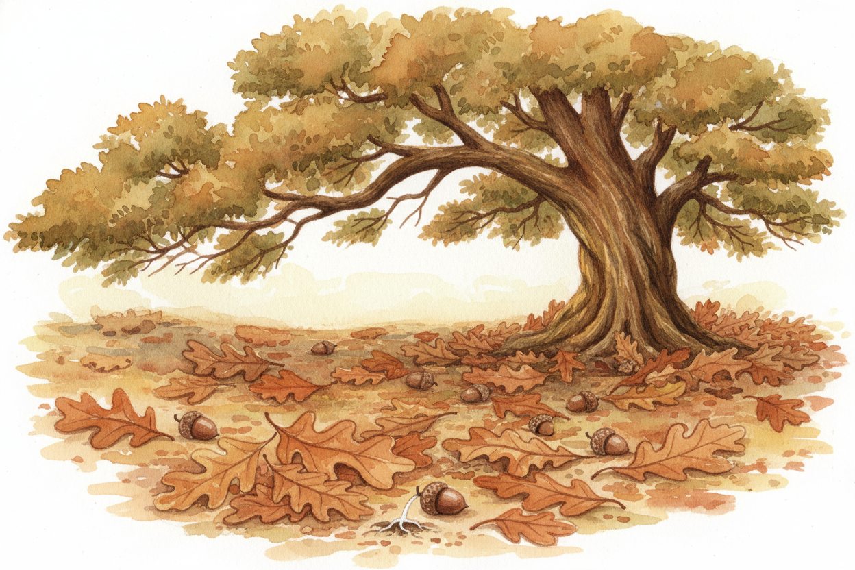 After **thirty or forty years**, the tree starts making acorns of its own. Each acorn gets a copy of the ++DNA++ instruc