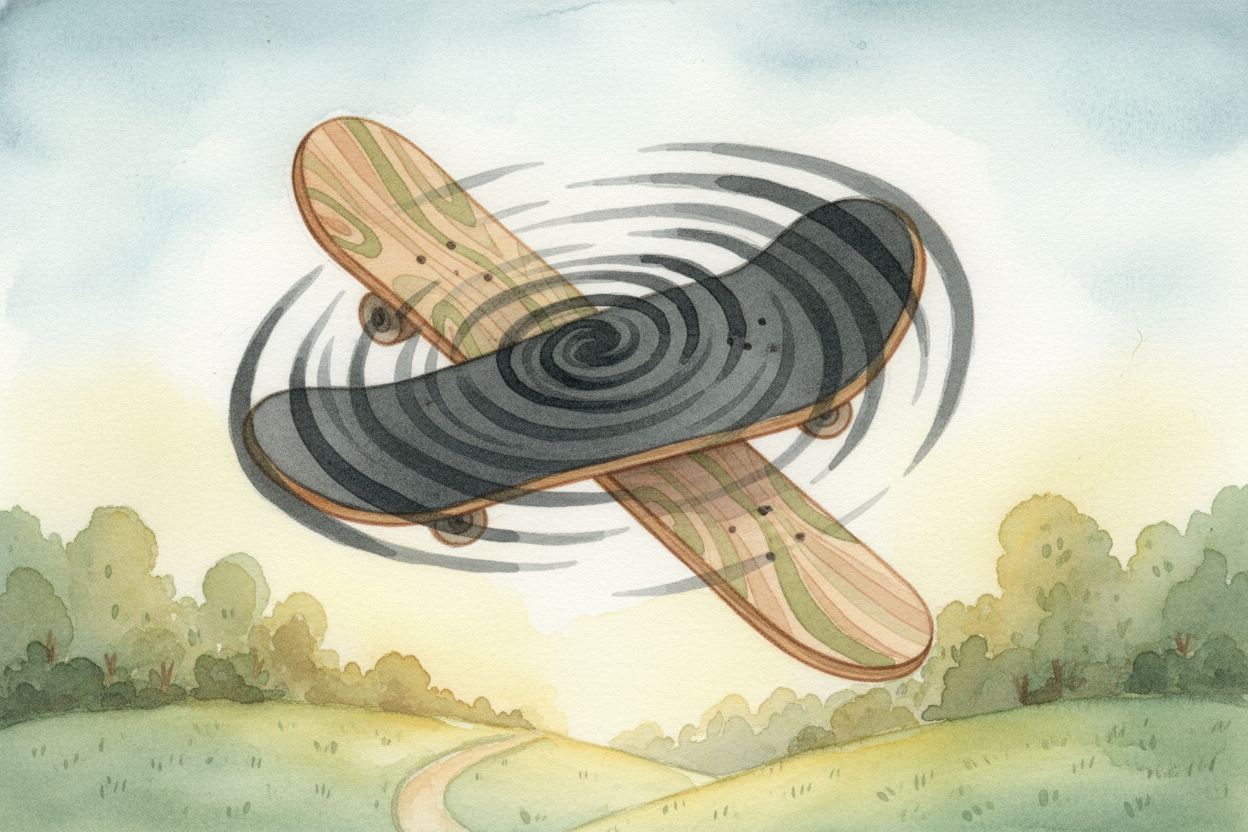 Flip tricks are where **geometry takes over**. A kickflip happens when you flick the edge of the board with your toe as 