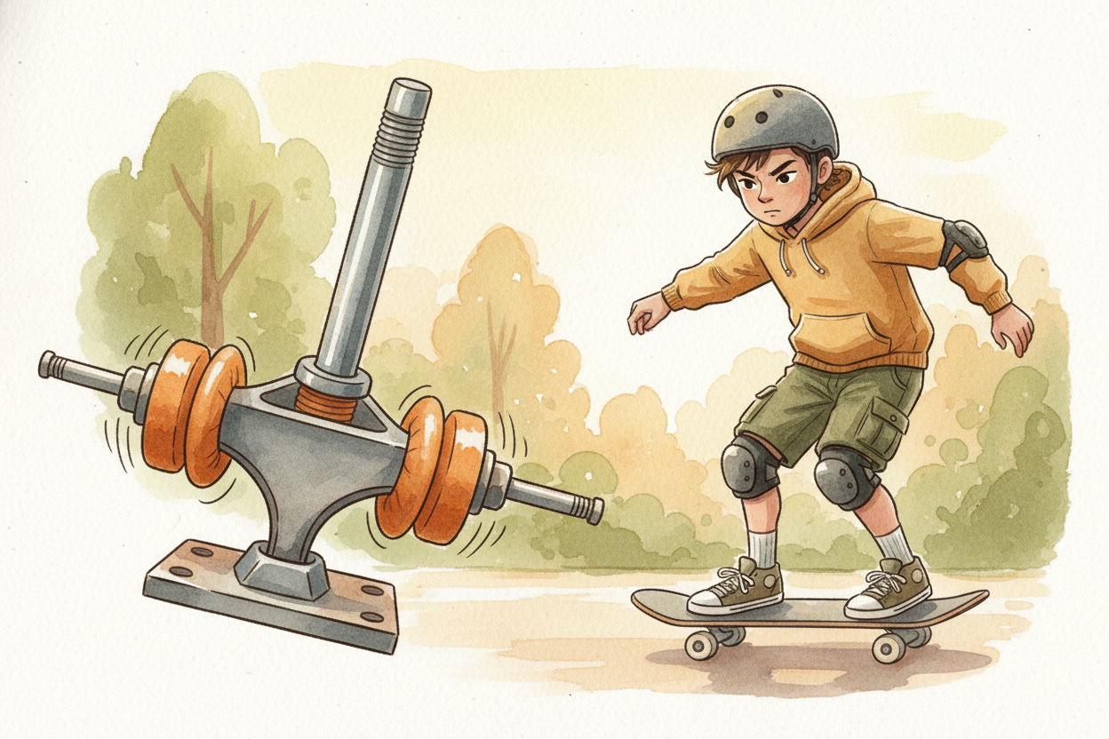 ~~And those trucks?~~ They pivot on rubber bushings — **squishy cushions** that let you lean the board into turns. Tight