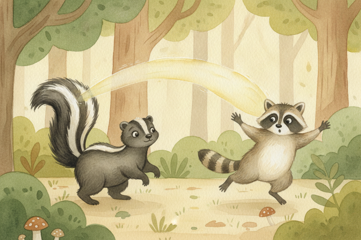 When the skunk finally ~~fires~~, it squeezes those glands and the oily spray shoots out in a **fine mist**. A skunk can