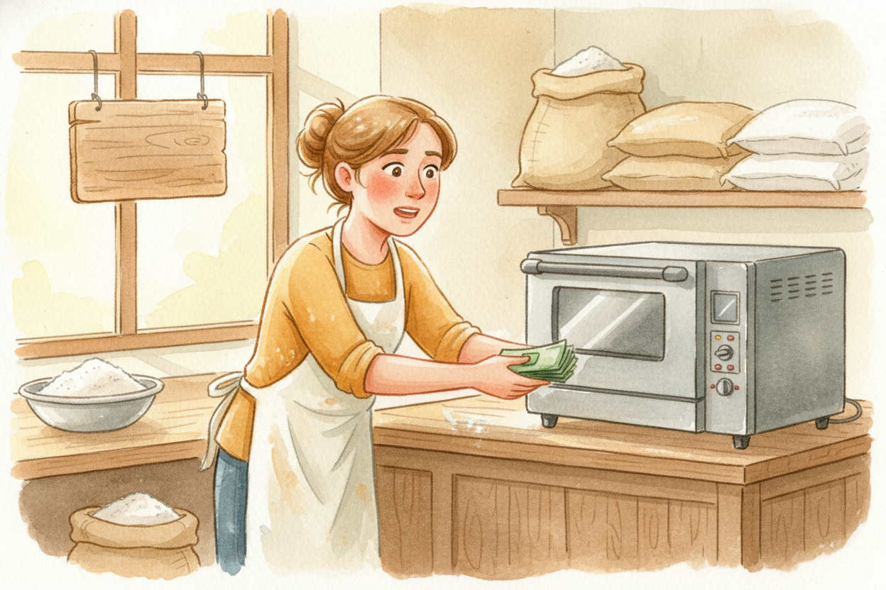 First, you need money to get started — this is called ++capital++. You buy an oven, rent a tiny shop space, purchase flo
