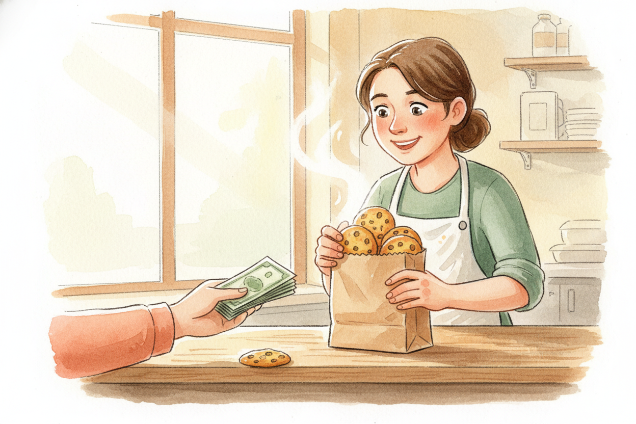 A customer walks in, smells the cookies, and buys a batch for $5. You just made your first revenue — money coming IN fro