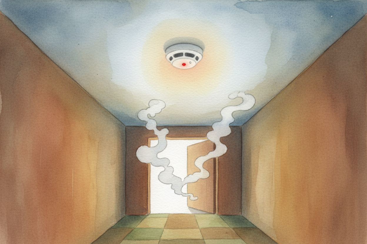You're asleep. The kitchen is quiet. Then — ~~a shrill beep pierces the air~~. The ++smoke detector++ on the ceiling has