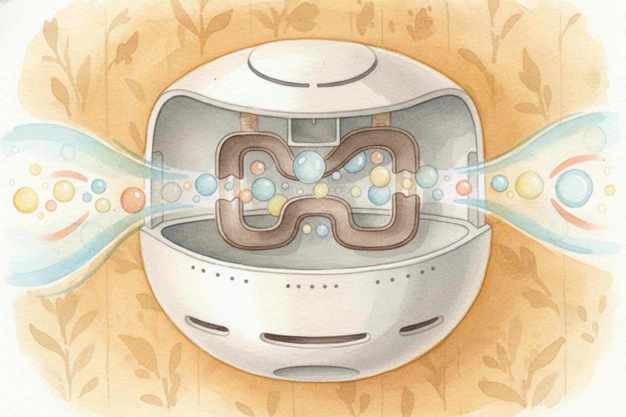 Inside that disc sits a tiny chamber **no bigger than a thimble**. Air flows through it constantly, in and out, *samplin