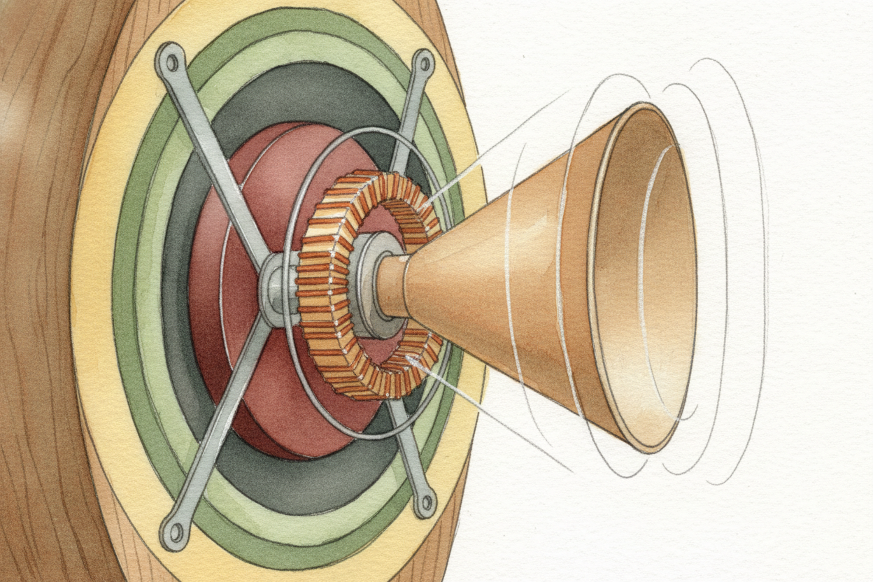 Inside your speaker lives a cone — a stiff paper or plastic disk, like a **tiny trampoline stretched tight**. If you cou
