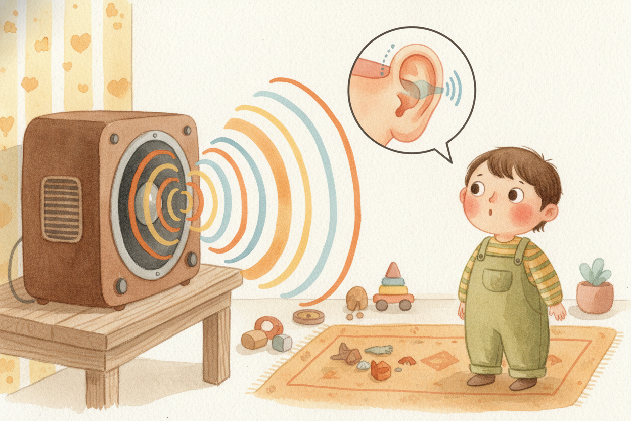 The cone pushes air. The air pushes more air. The wave races across the room at **343 meters per second** — ~~about as f