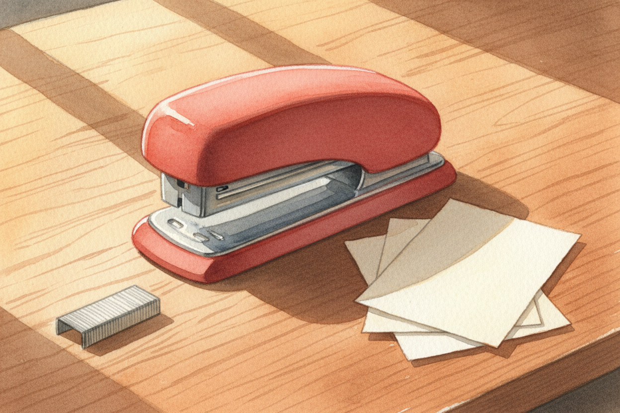 You press down on a stapler — ~~click!~~ — and somehow a straight piece of wire gets bent into a **perfect little metal 