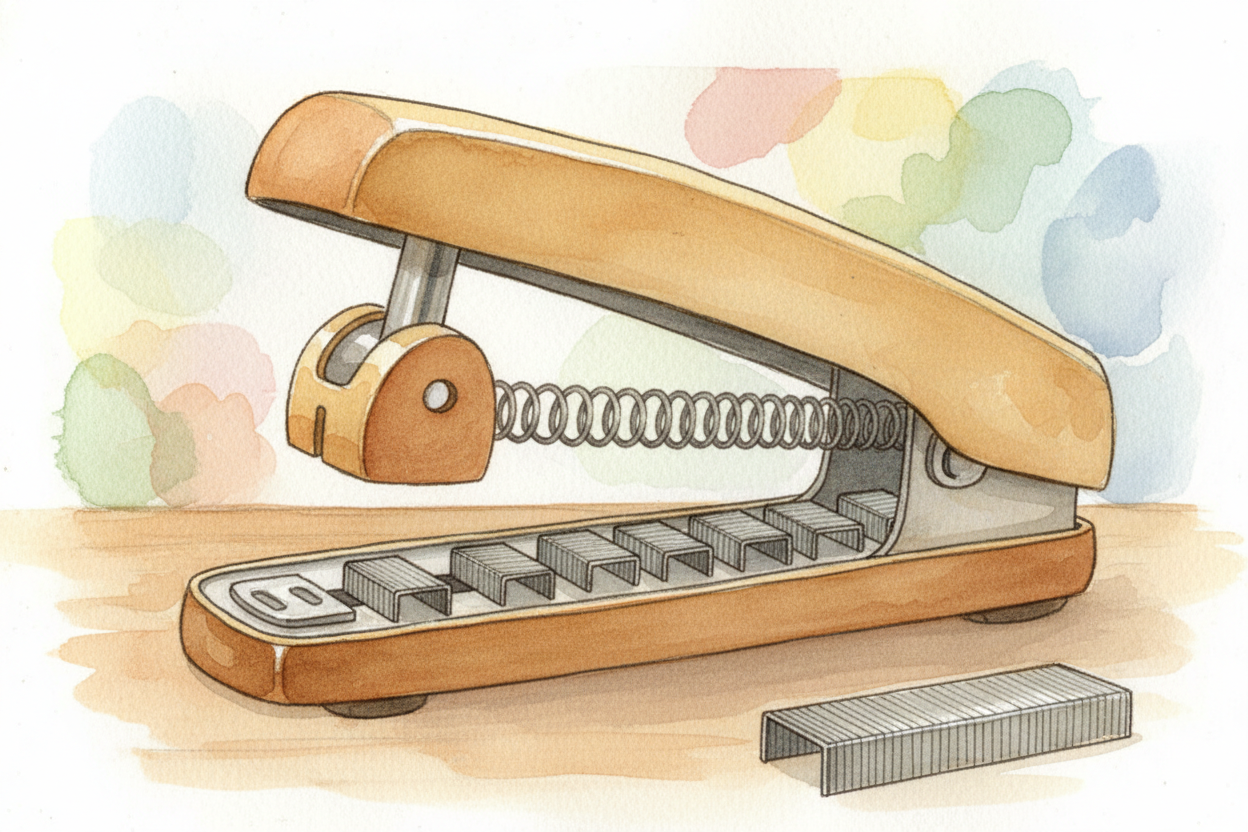 Inside the stapler, staples wait in a long strip, each one shaped like a ~~skinny metal U~~ lying on its side. When you 