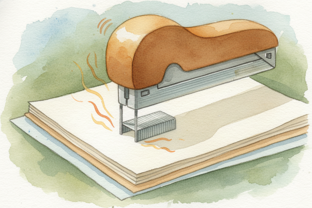 The driver ~~slams~~ into the back of the first staple and shoves it down through a narrow slot. The staple's two legs p