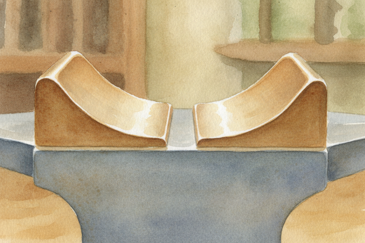 ~~Here's the trick:~~ underneath the papers sits a metal plate with two grooves carved into it, angled inward like a tin