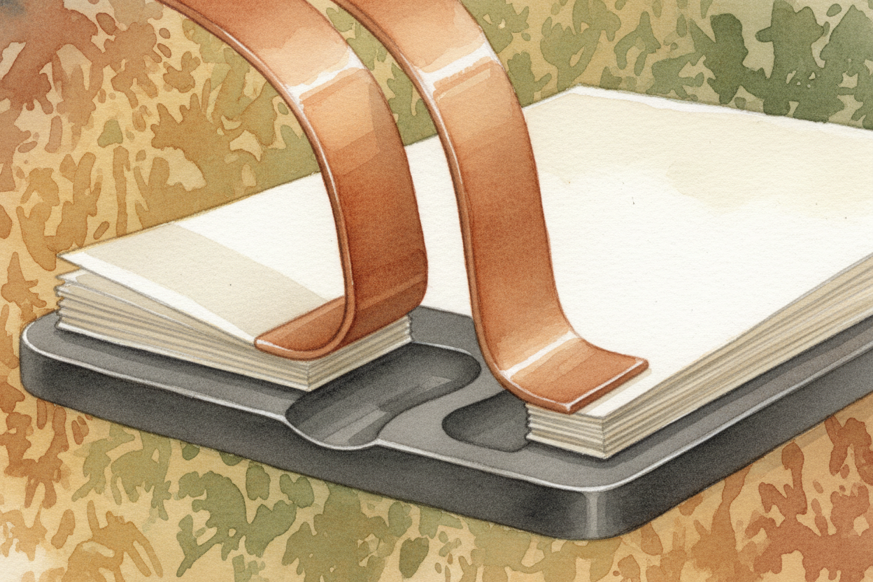 The staple legs slide along the grooves and bend inward toward each other, curling under the bottom sheet of paper. It's