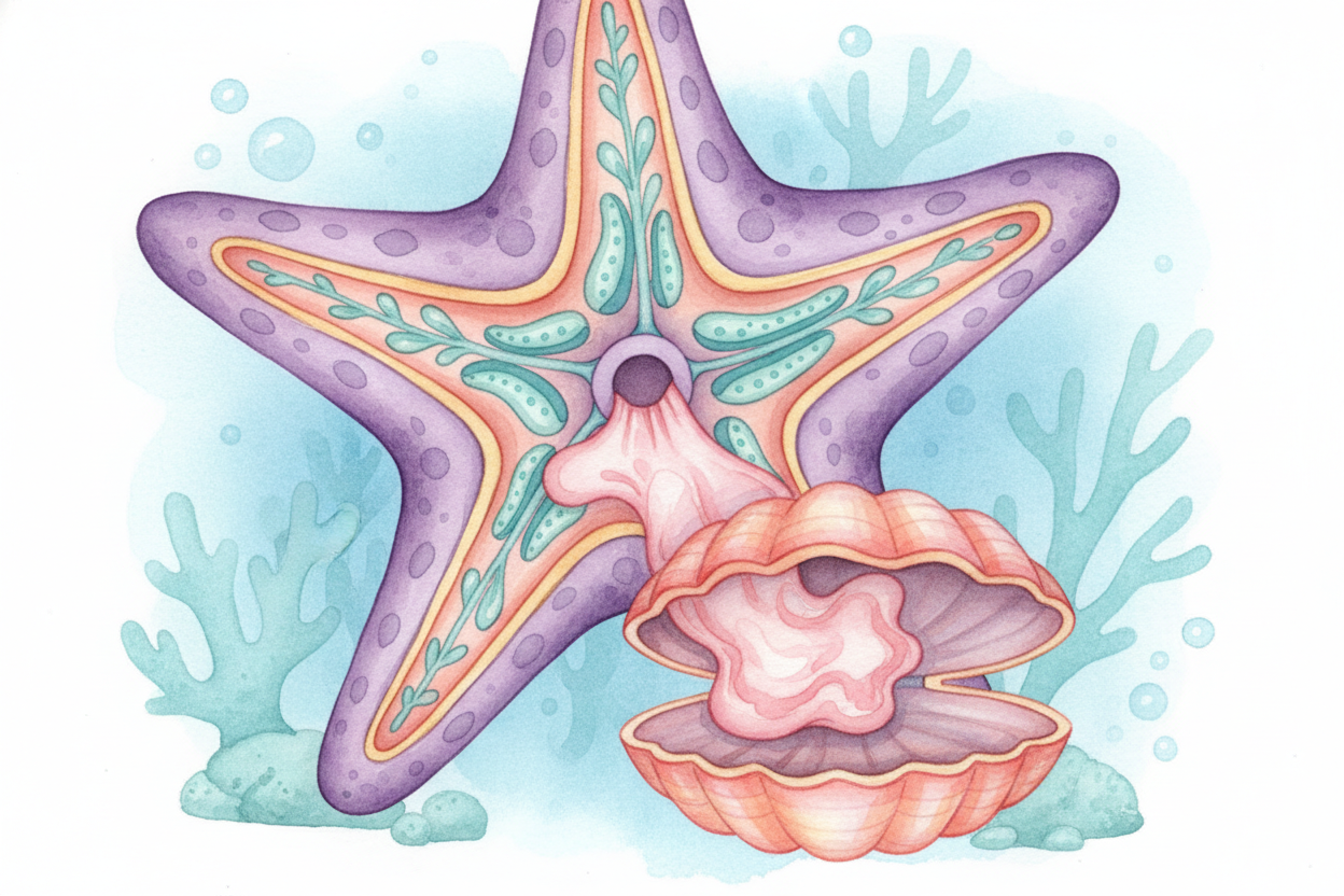 Once there's a gap, the starfish does ~~the weird part~~. Its stomach is a stretchy bag that normally sits inside its bo