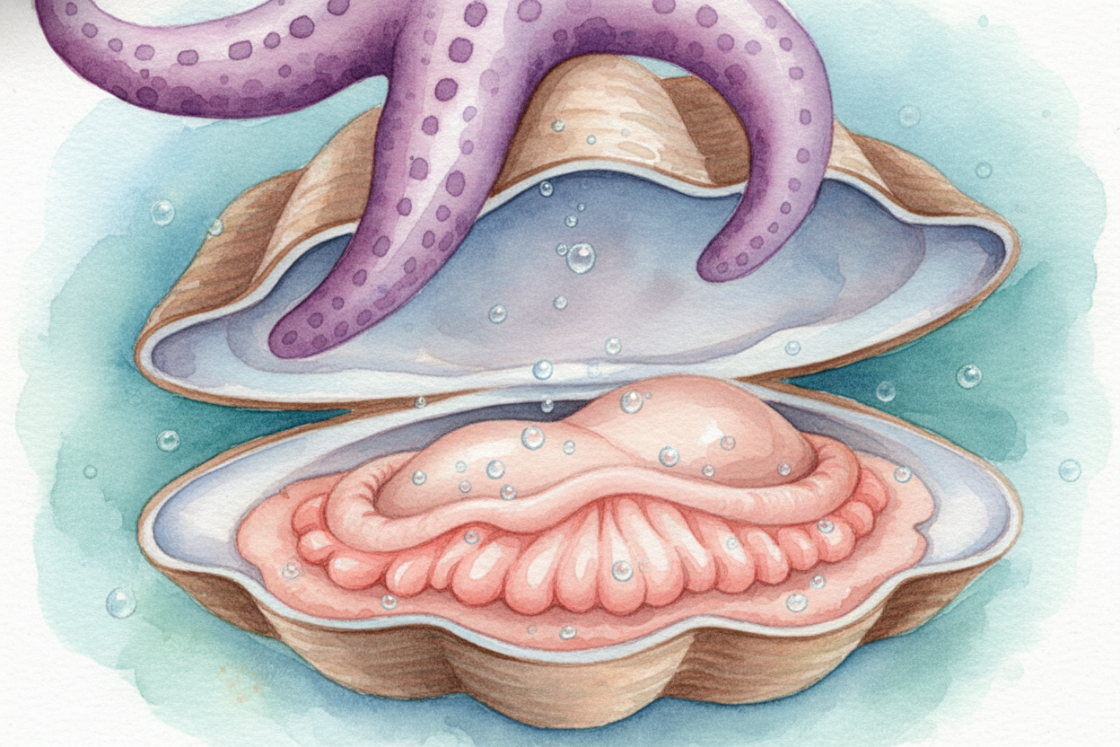 Now the stomach is ~~OUTSIDE the starfish's body~~, wrapped around the clam's soft insides. The stomach releases *digest