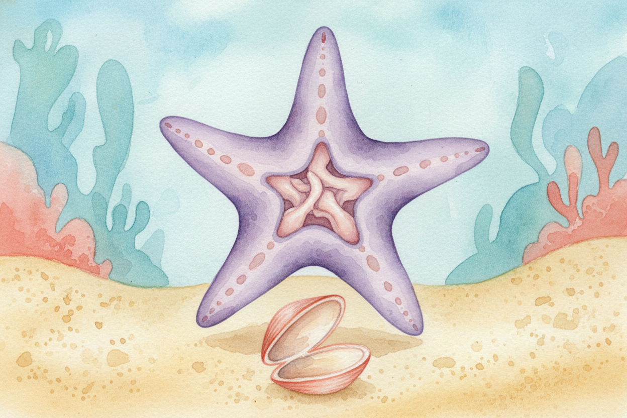 The clam slowly ~~dissolves into a soupy liquid~~. When the meal is liquefied enough, the starfish **pulls its stomach b