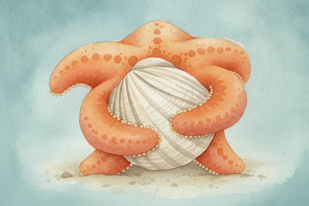 ~~Now the hunt.~~ A clam snaps its two shells shut, thinking it's safe. But the starfish humps over the top and **clamps