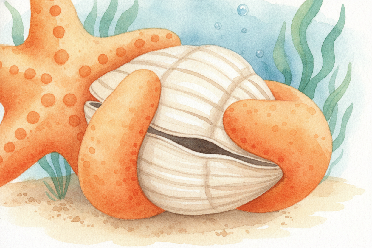 The clam holds its shells shut with a **strong muscle**. ~~But the starfish never gets tired~~ the way the clam does. *T