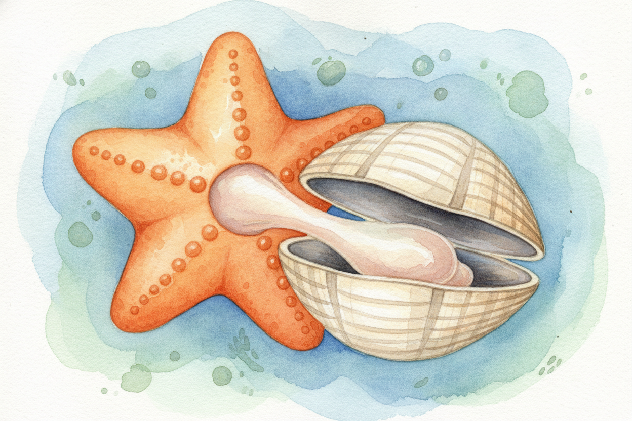 ~~Here comes the truly bizarre part.~~ The starfish doesn't pull the clam into its mouth. Instead — it **pushes its stom
