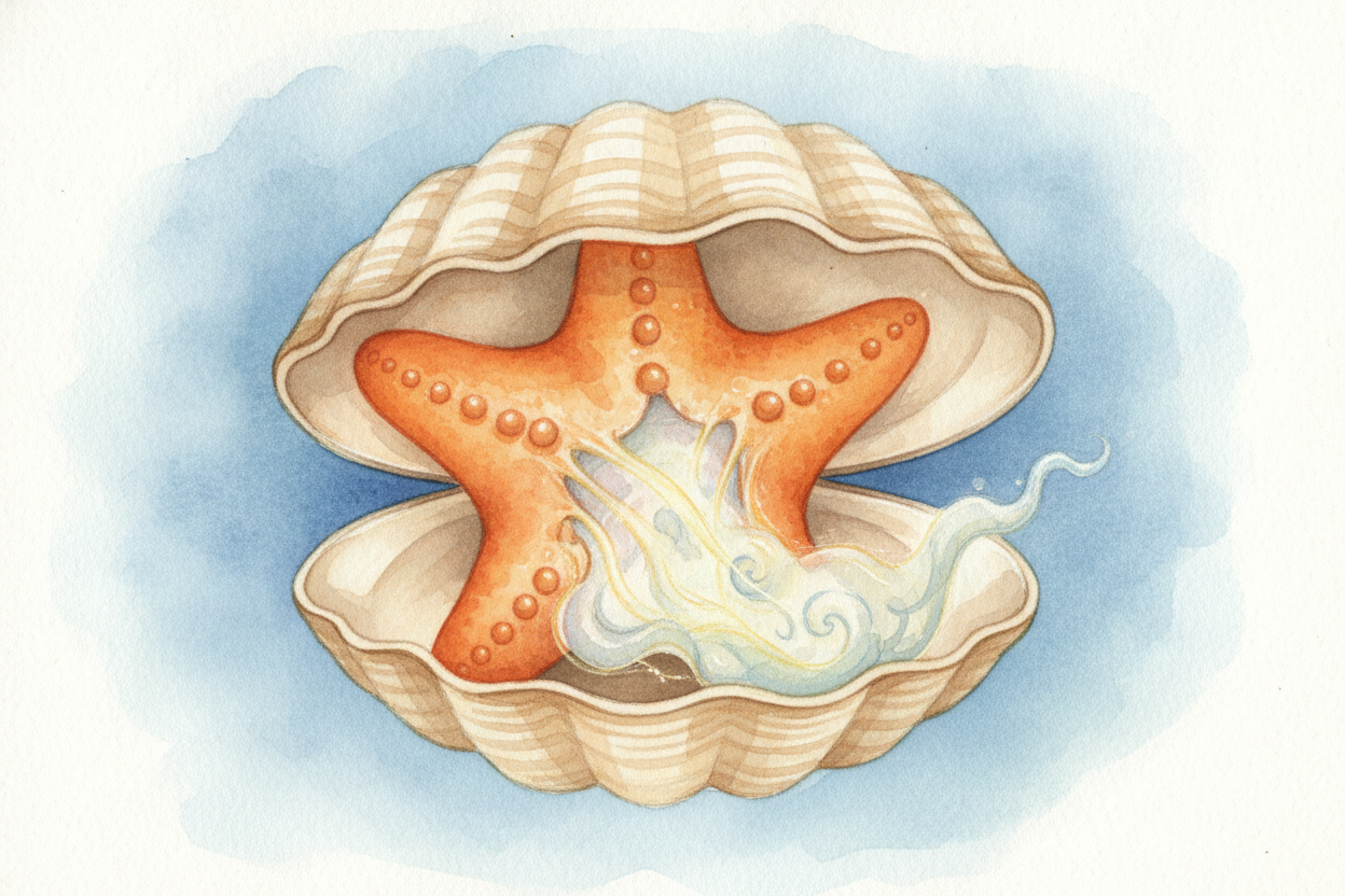 Inside the shell, the stomach gets to work. It releases juices that turn the clam's soft body into a kind of **warm soup