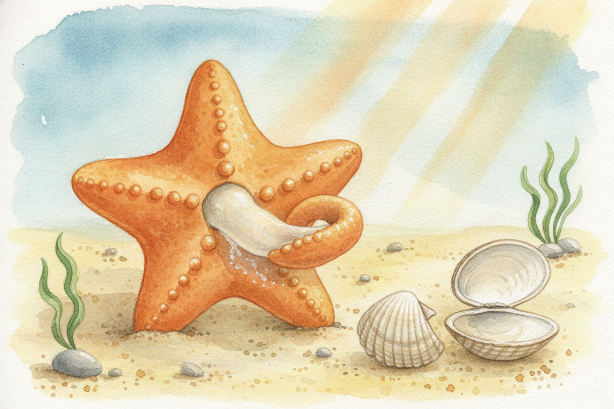 When the clam is nothing but soup, the starfish ~~slurps its stomach back inside~~ — meal and all. The stomach retracts 