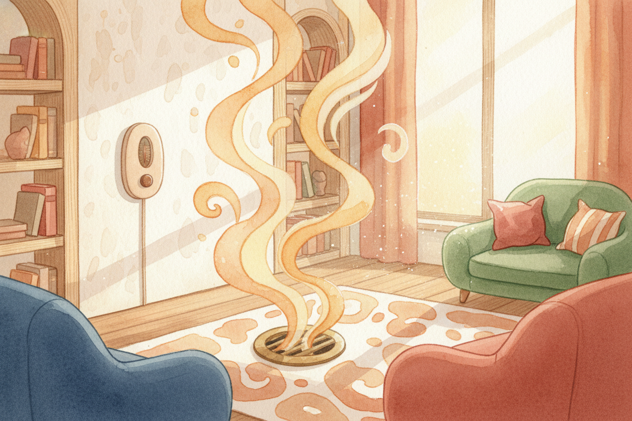 ~~Warm air floods the room.~~ The temperature starts climbing: *66, 67, 68, 69*. The thermostat's sensor keeps measuring