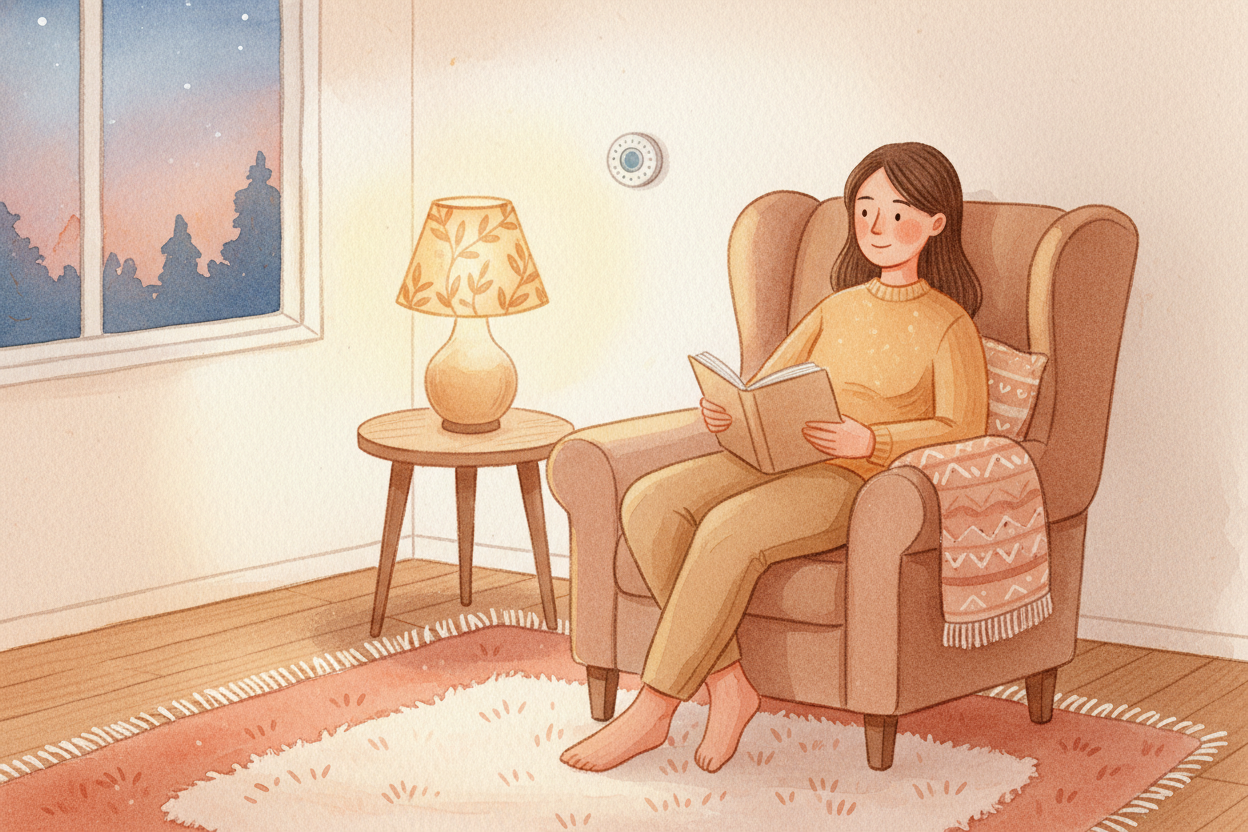 **You never have to think about it**. The thermostat thinks for you — ~~measuring, comparing, switching on, switching of
