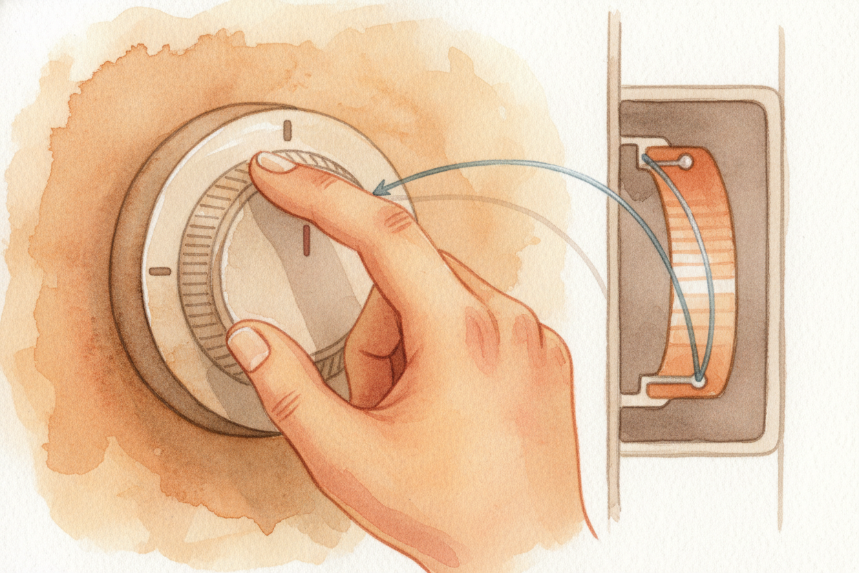 You set the thermostat to 68 degrees by **turning a dial** that moves the wire closer or farther from the strip's tip. ~