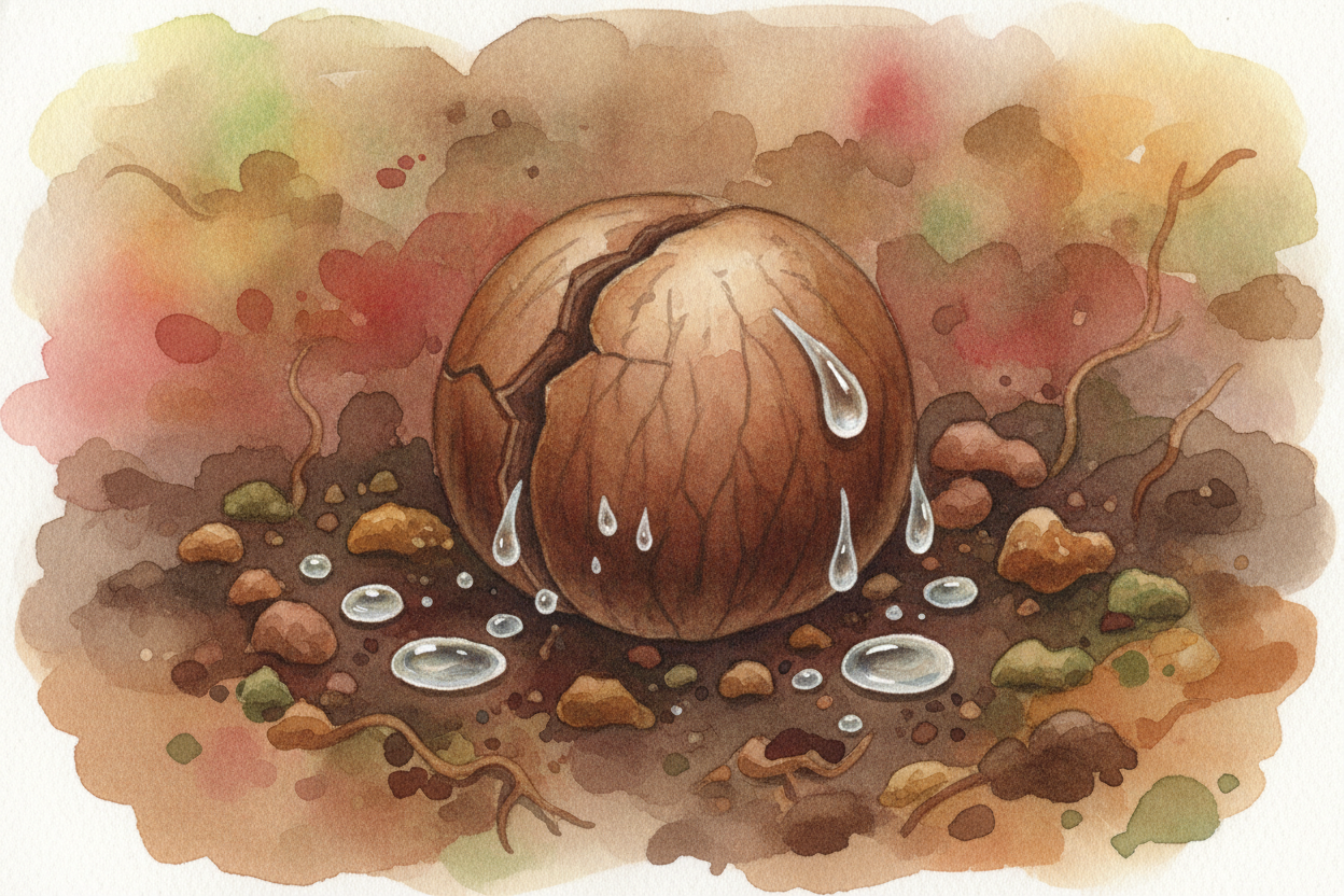 ~~Then one day~~ **the conditions are right**. Warm enough, dark enough, and — *most important* — wet. Water soaks throu