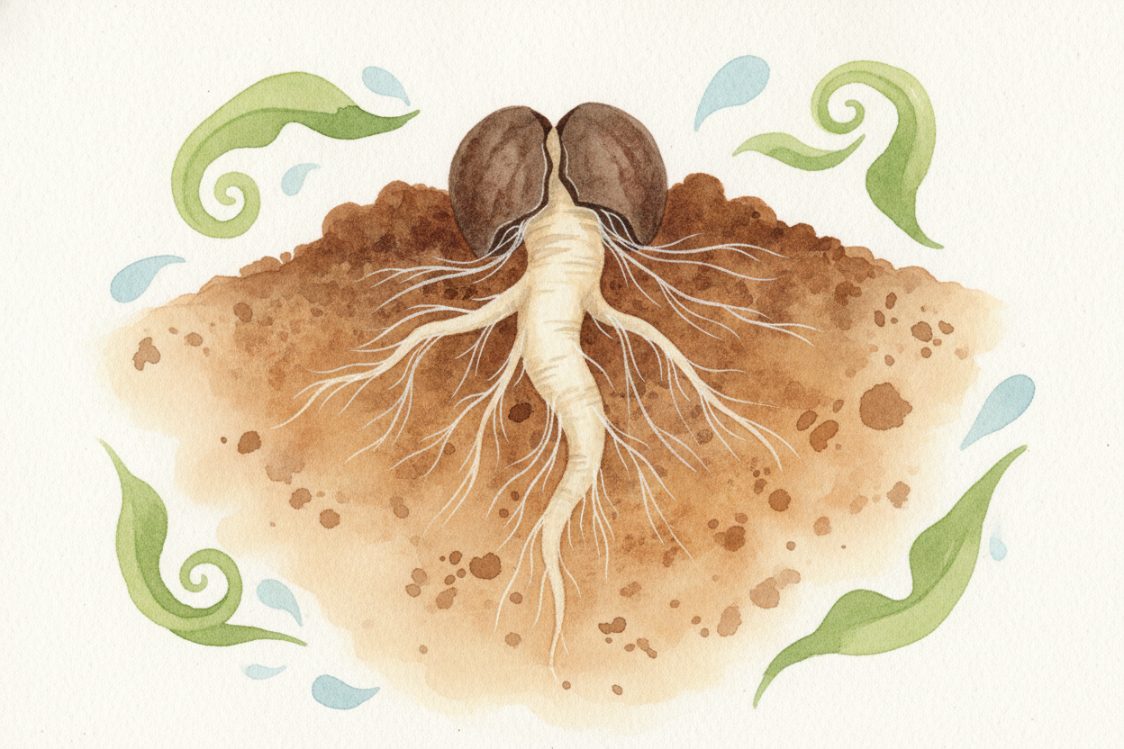 The baby plant stretches, but in a strange order. **Down comes first**. A little root pokes out and dives into the soil,