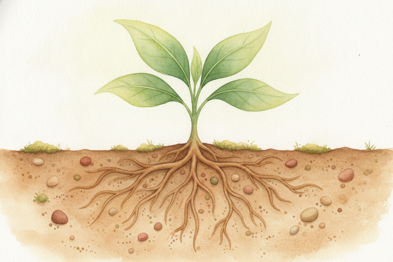 With its own ++kitchen++ running, the plant goes into building mode. Roots dig deeper for more water. The stem stacks it